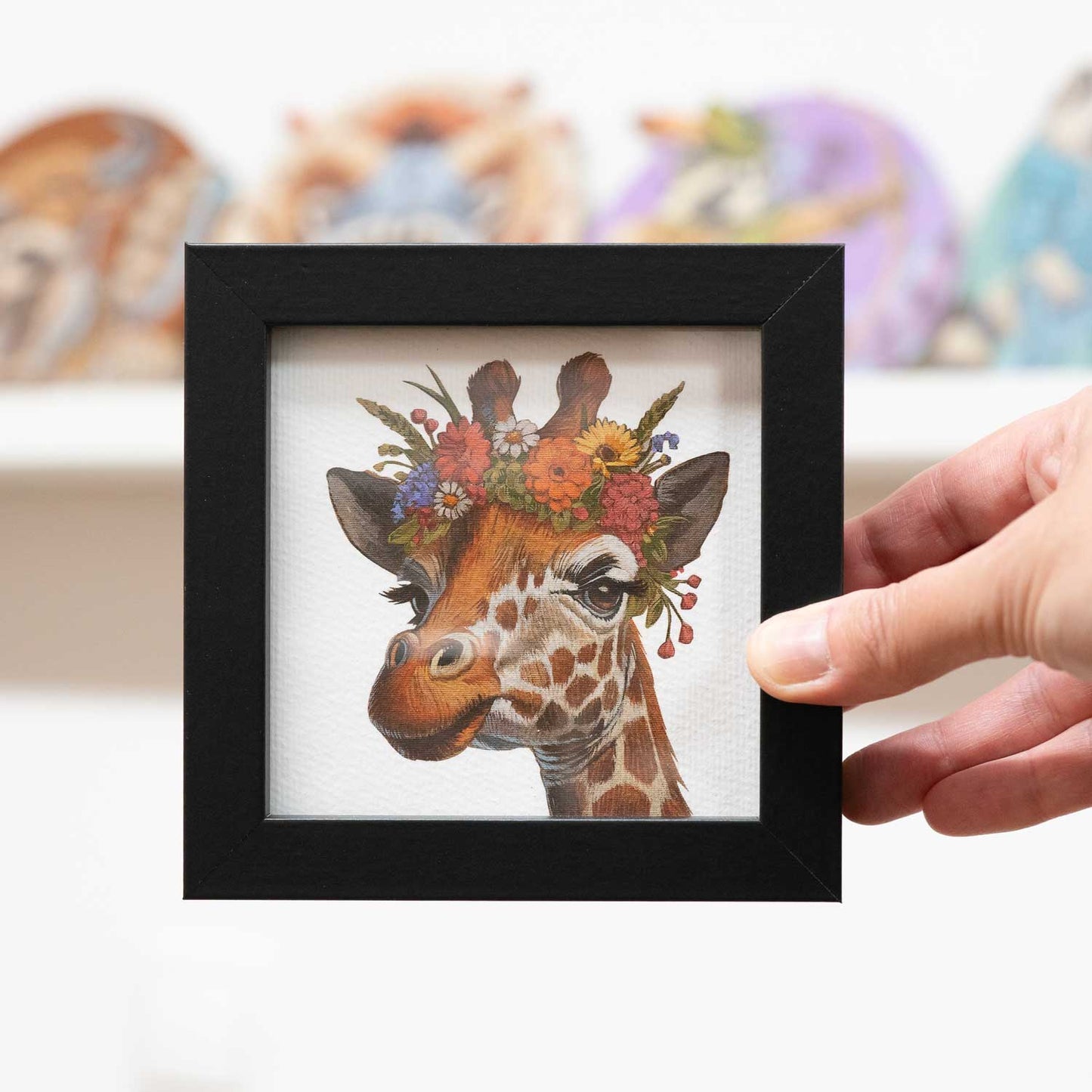 Pocket Art, Print im Rahmen, 10 x 10 cm, Blumenkind Giraffe